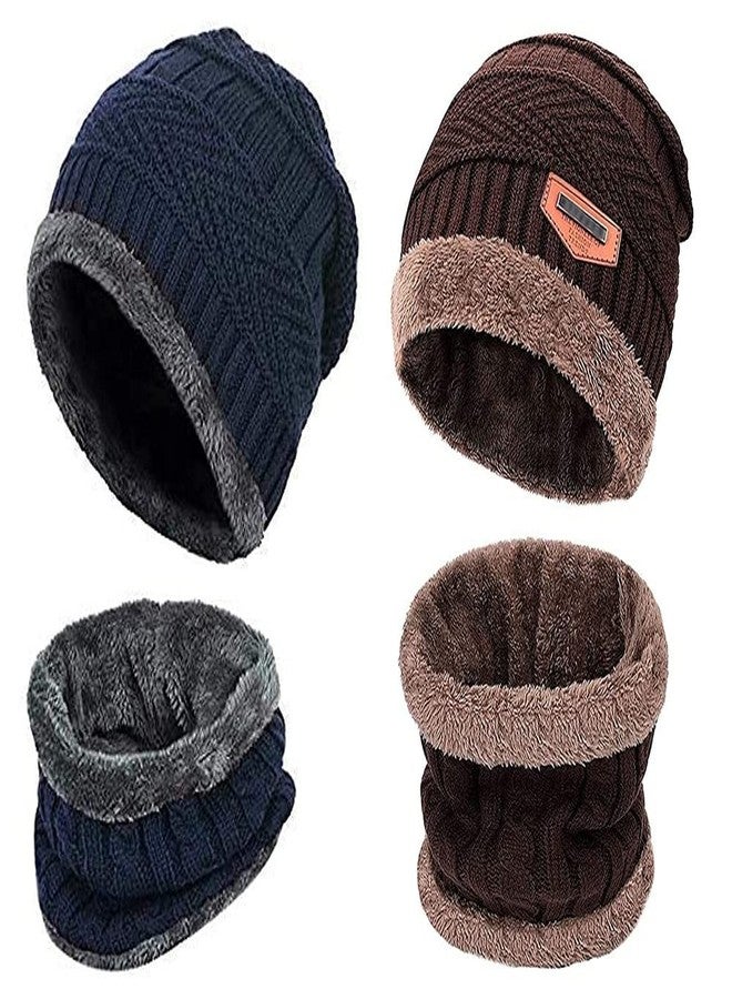 Intimate Unisex Fur, Wool Cap (Pack of 2 And 2) (Cap with Neck Warmer-I18_ Blue Brown_Free Size) - Image 1