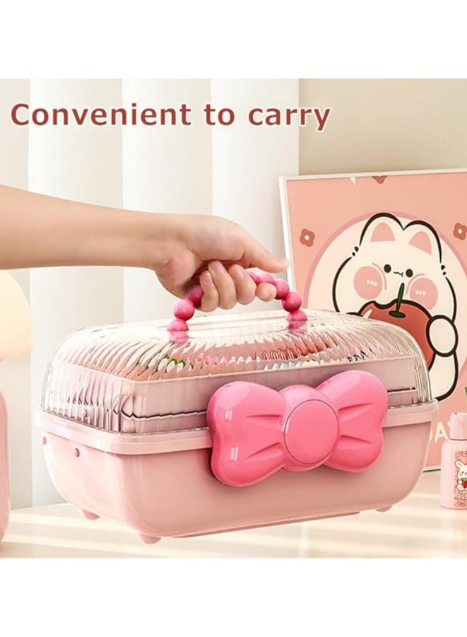 Cute Girls Hair Accessories Storage Box Bow Switch Organizer Box Jewelry Box, Plastic Hair Ties Holder Hair Clips Container Storage Box for Home, School, Office(Pink) - Image 2