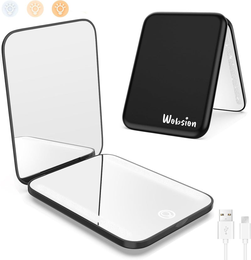 مرآة مكياج سفر WOBSION مع ضوء مرآة مدمجة قابلة للتعتيم للجيب مرايا صغيرة لحقيبة اليد 1x3x مكبرة مرايا LED محمولة للنساء هدايا قابلة للشحن للفتيات سوداء