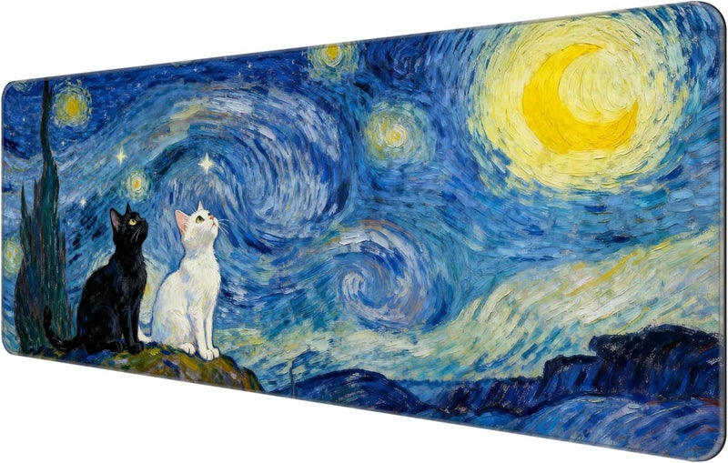 Dynippy Thin Extended Gaming Mouse Pad （31.5 * 11.8 * 0.08 inch） with Stitched Edges Large Mousepad Long XXL Keyboard and Mouse pad Desk Mat for Gaming Office & Home - Starry Night Cat - Image 1