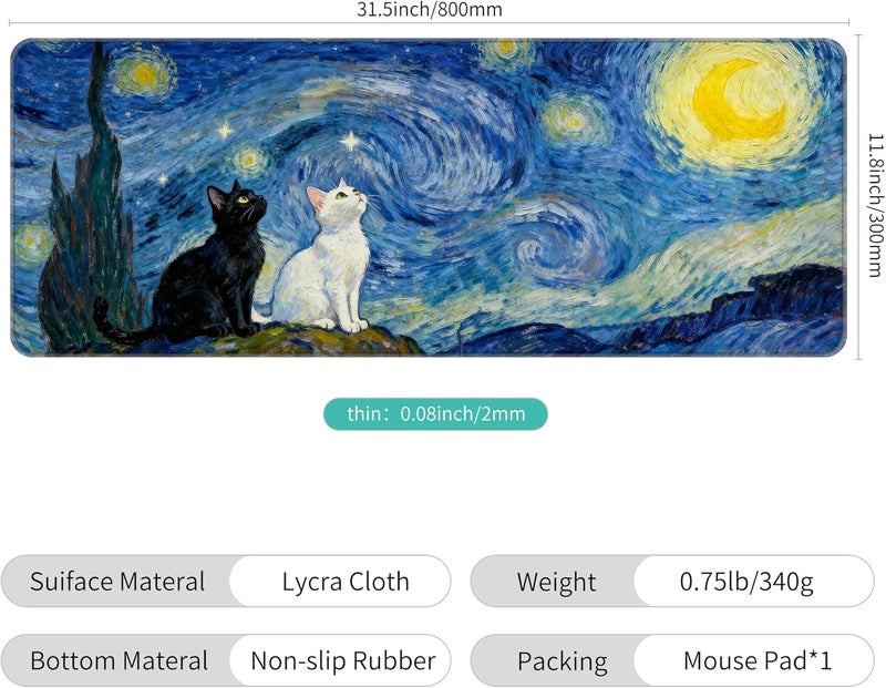 Dynippy Thin Extended Gaming Mouse Pad （31.5 * 11.8 * 0.08 inch） with Stitched Edges Large Mousepad Long XXL Keyboard and Mouse pad Desk Mat for Gaming Office & Home - Starry Night Cat - Image 2
