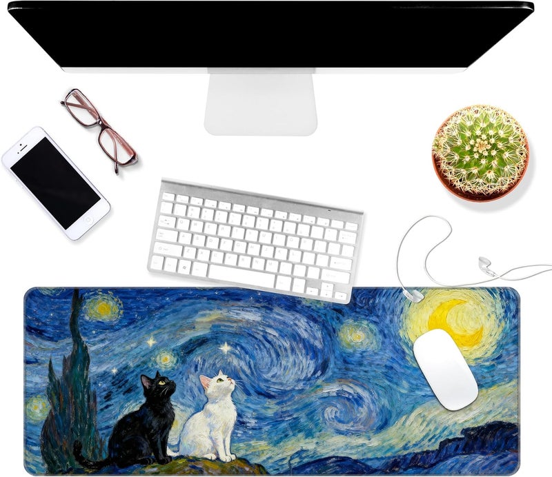 Dynippy Thin Extended Gaming Mouse Pad （31.5 * 11.8 * 0.08 inch） with Stitched Edges Large Mousepad Long XXL Keyboard and Mouse pad Desk Mat for Gaming Office & Home - Starry Night Cat - Image 3