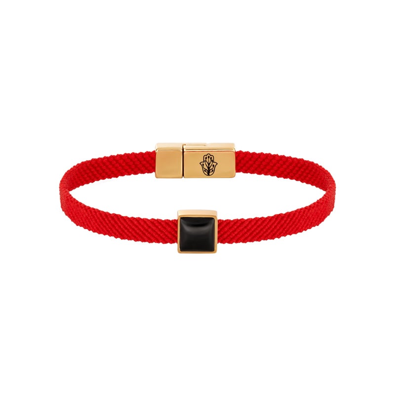 KARMA AND LUCK Red String Bracelet with Black Onyx, Jade, Tiger Eye, Lapis Lazuli - Rhodium Plated Brass, Handmade in Thailand, Available in 6.5", 7", 7.5" Lengths - Image 1