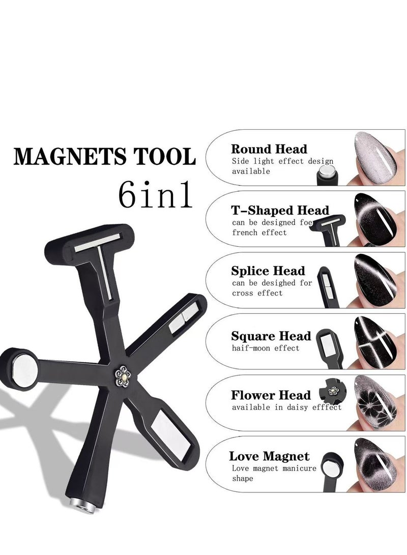 مغناطيس 6 في 1 لطلاء الأظافر الجل Cat Eye، أداة أظافر مغناطيسية متعددة الوظائف، مغناطيس Cross Cat Eye مطور لتصميمات الأظافر 3D Cateye Nail Gel مغناطيس قوي لفن الأظافر صالون منزلي (أسود) - Image 2