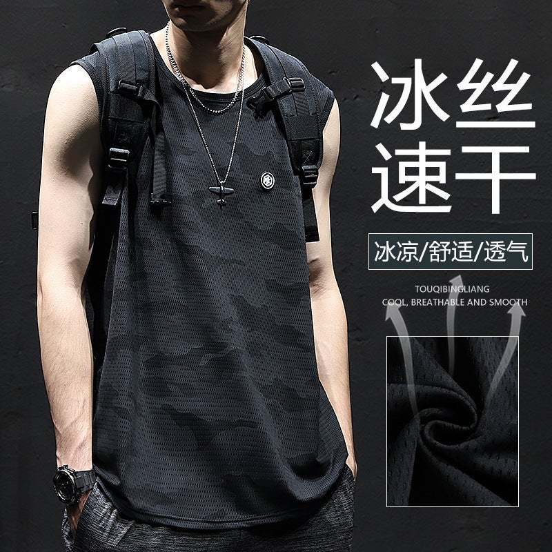 Summer Ice Silk Sleeveless Vest Mens Waistcoat Quick-drying Ice Sense Loose Large Size Mens Breathable Sports Ice Silk Vest Special guest T87 camouflage vest