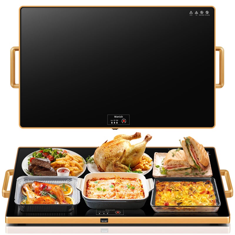 Electric Warming Tray XXL 32x18Food Warmers for Parties Buffet with Thermostat  Full Surface Heating Tempered Glass Warming Mat for Food Temperature Adjustable Gold Handles Food Warming Mat