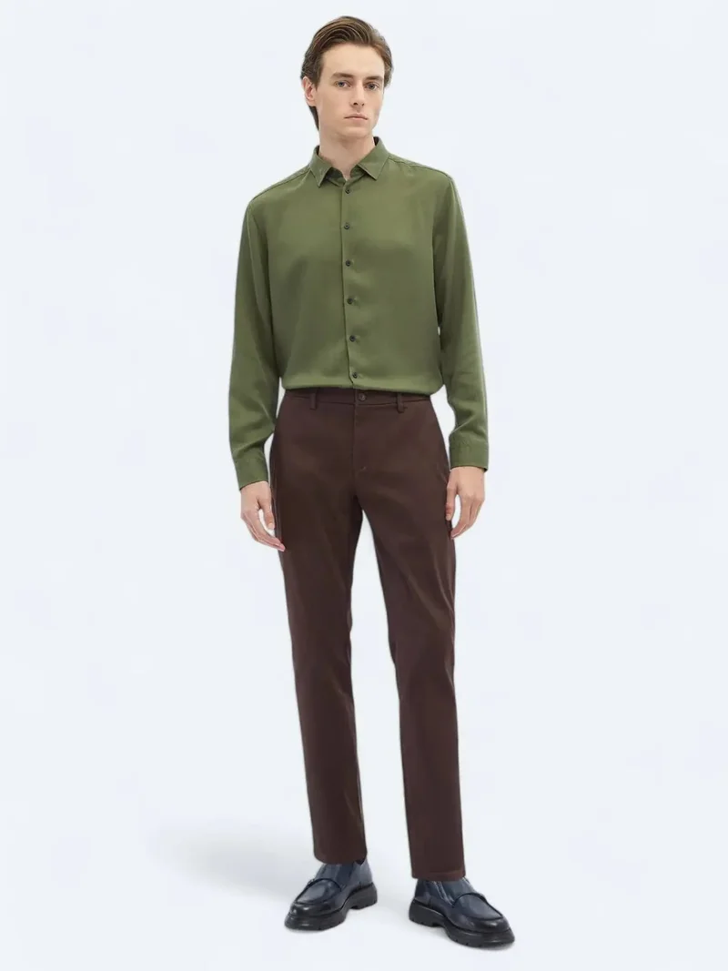 Kip Dark Brown Weaving Regular Fit Casual Cotton Blended Trousers