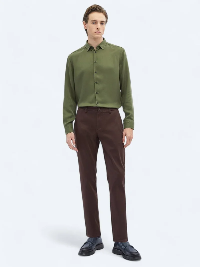 Kip Dark Brown Weaving Regular Fit Casual Cotton Blended Trousers