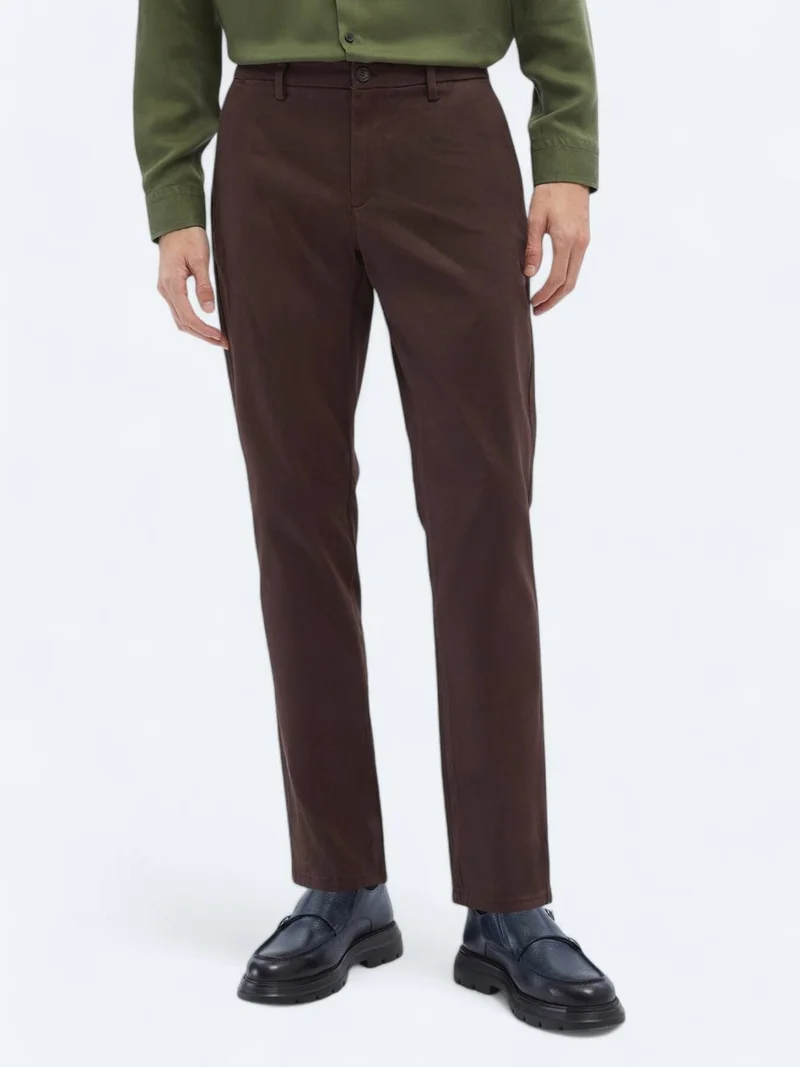 Kip Dark Brown Weaving Regular Fit Casual Cotton Blended Trousers