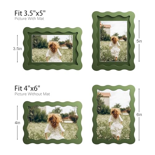 THKRLOF 4x6 Picture Frame with Mat for 3.5x5, Wavy Edge Wooden Real Glass Photo Frame for Tabletop and Wall Hanging, Green, 1 Pack - Image 4