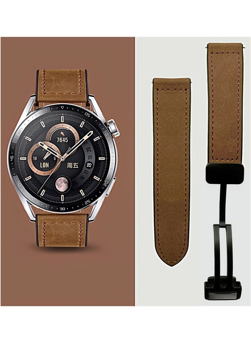 22mm Leather Watch Strap with Magnetic Buckle Design, Compatible with Huawei GT3/4 46mm, GT3 Pro, Huawei Watch 3, GT2e, GT2 Pro, GT2 42/46mm, Samsung Galaxy Watch 3 45mm/Gear S3  - Image 1