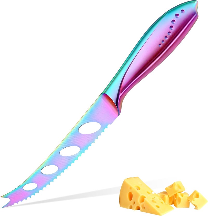 WELLSTAR Cheese Knife, Serrated Tomato Knife 5 Inch Sharp High Carbon Stainless Steel Blade for Cutting All Cheese Types - Rainbow - Image 1