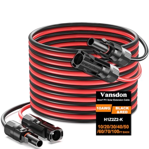 Vansdon 2x40 Feet Solar Panel Extension Cable 10AWG Solar Cable Solar Panel Cable with Female and Male Waterproof Connectors for RV Photovoltaic Systems 40FT Red 40FT Black - Image 1