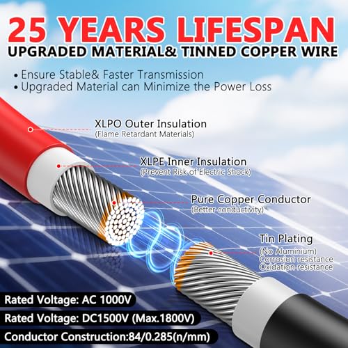 Vansdon 2x40 Feet Solar Panel Extension Cable 10AWG Solar Cable Solar Panel Cable with Female and Male Waterproof Connectors for RV Photovoltaic Systems 40FT Red 40FT Black - Image 3