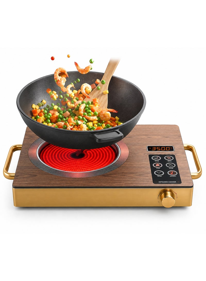 3500W Single Electric Ceramic Convection Hob with a Luxurious Wooden Design - Equipped with a Digital Display, Side Handles, and a Touch Control Panel for Fast Cooking (Portable for Trips and Travel) - Wooden Color - Image 1