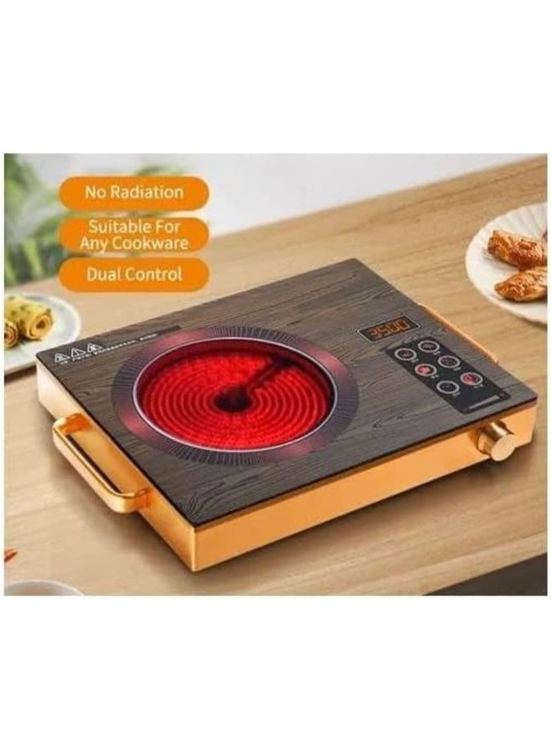 3500W Single Electric Ceramic Convection Hob with a Luxurious Wooden Design - Equipped with a Digital Display, Side Handles, and a Touch Control Panel for Fast Cooking (Portable for Trips and Travel) - Wooden Color - Image 2