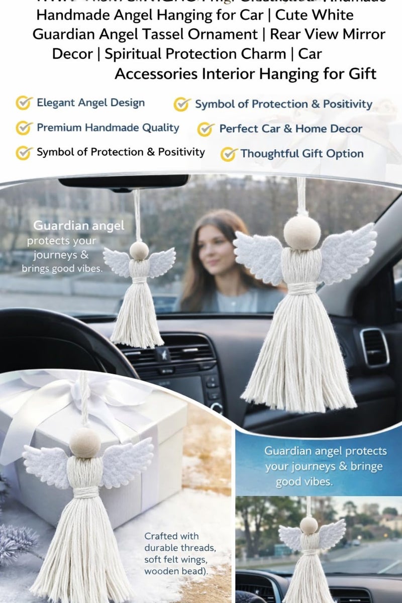 WARMINGO DE Handmade Angel Hanging for Car | Cute White Guardian Angel Tassel Ornament | Rear View Mirror Decor | Spiritual Protection Charm | Car Accessories Interior Hanging Gift - Image 2