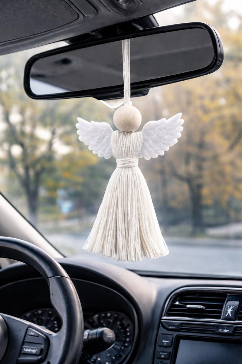 WARMINGO DE Handmade Angel Hanging for Car | Cute White Guardian Angel Tassel Ornament | Rear View Mirror Decor | Spiritual Protection Charm | Car Accessories Interior Hanging Gift - Image 1