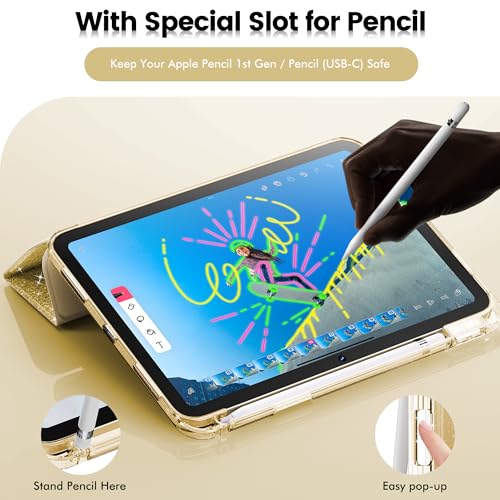 INFILAND Compatible with iPad A16 11th Generation 11 Inch 2025 Case, iPad Case 10th Generation 10.9 Inch, Glitter Cover with Sparkly Clear Back, Pencil Holder, for Kids Girls (Golden Yellow) - Image 5