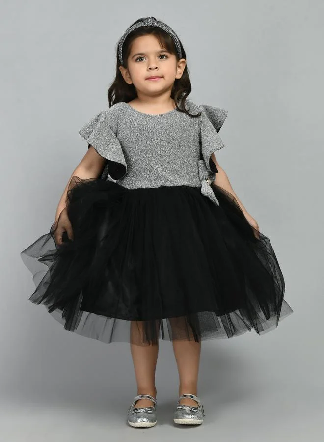 BELLA MODA Bella Moda Embellished Mesh Insert Ruffled Sleeve Knee-Length Dress