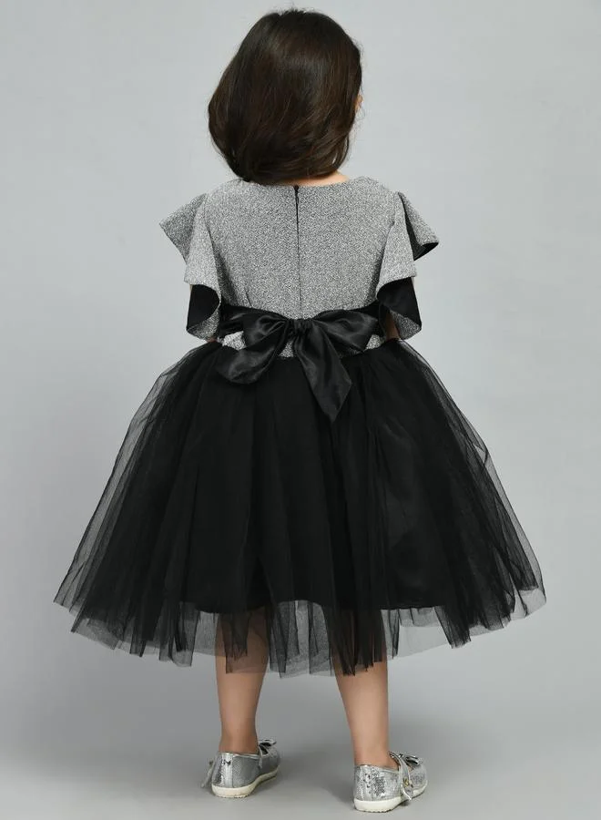 BELLA MODA Bella Moda Embellished Mesh Insert Ruffled Sleeve Knee-Length Dress