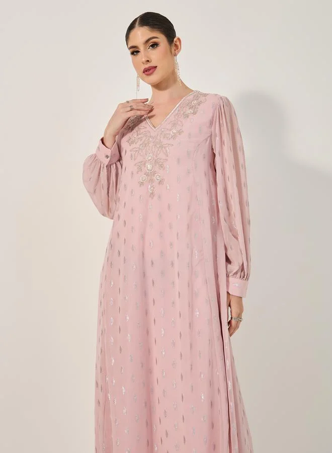 Styli Dobby Balloon Sleeve V-Neck A-Line Maxi Dress
