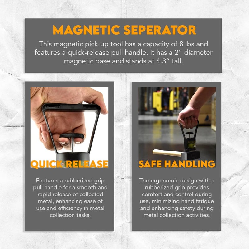 SE Magnetic Separator Pick-Up Tool with Quick Release - 8 lb Capacity, Rubberized Grip Handle, Ideal for Metal Shavings and Ferrous Object Retrieval PM6550 - Image 3