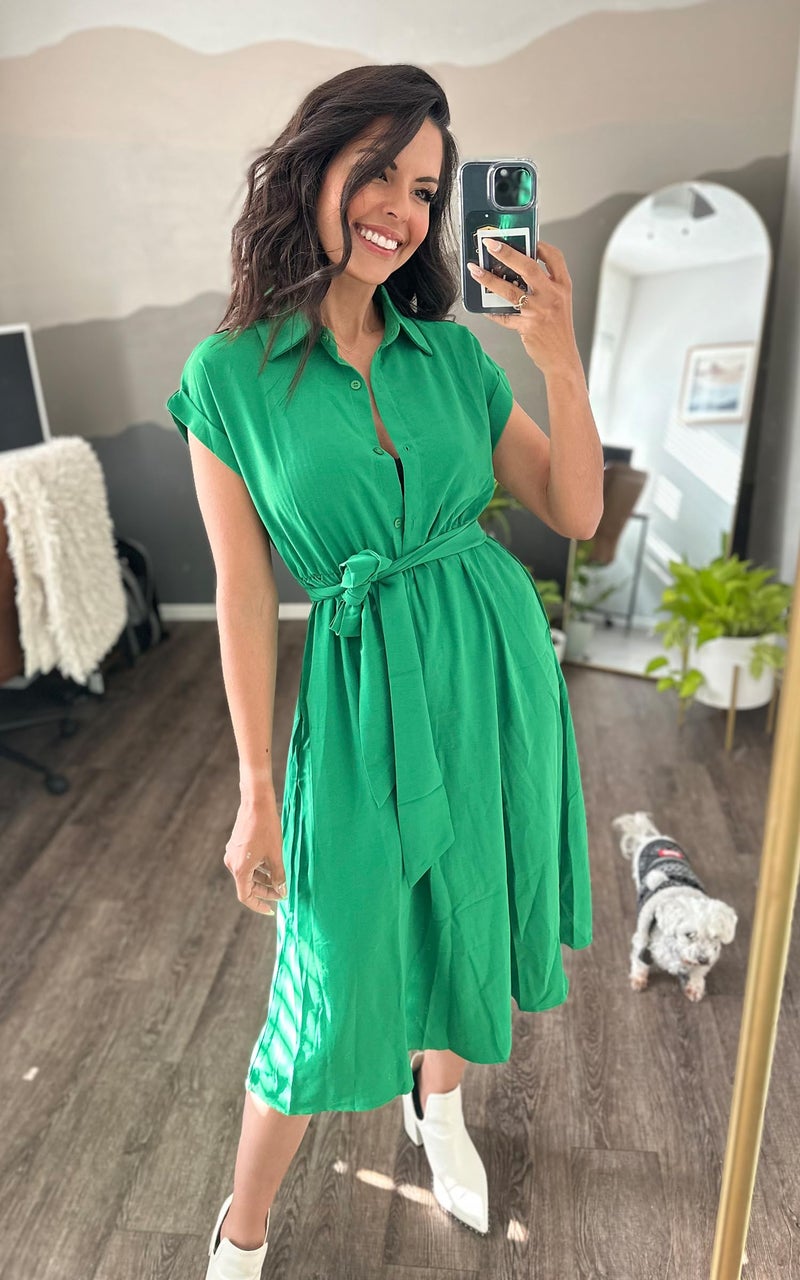 ECOWISH Womens Casual Midi Dresses Solid V Neck Short Sleeve Shirt Dress with Pockets for Spring Summer 2025 Green L - Image 3