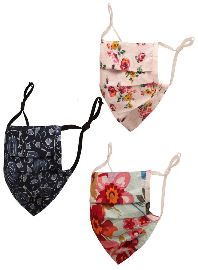 تتش ستون قناع وجه قطني قابل لإعادة الاستخدام والغسل، مصنوع من قماش مزهر من تاتشستون، مزود بجيب فلتر قابل للتعديل وجسر أنف، طبقتين، مضاد للتلوث والضباب الدخاني والبرد والسعال (عبوة من 3 قطع). متوفر باللون الوردي والأزرق النيلي. - Image 1