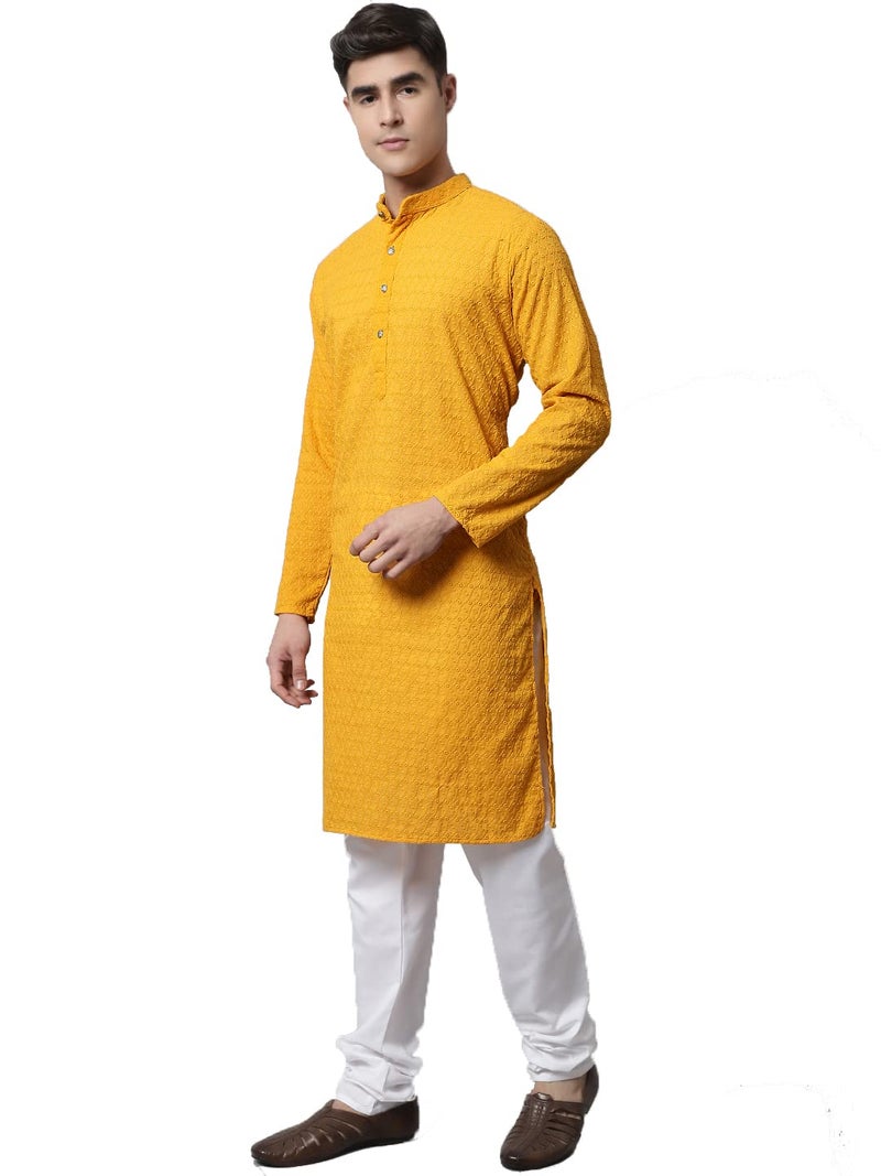 Jompers Men Mustard and Embroidered Kurta with Churidar (Mustard, M) - Image 5