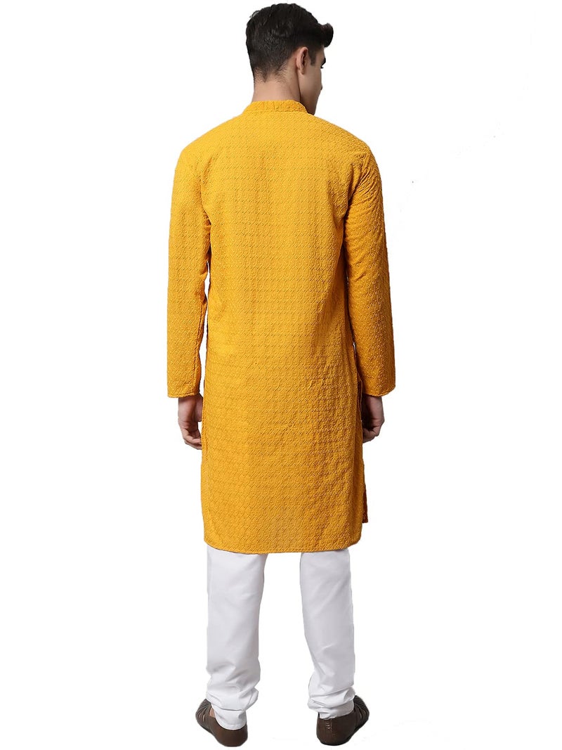 Jompers Men Mustard and Embroidered Kurta with Churidar (Mustard, M) - Image 2