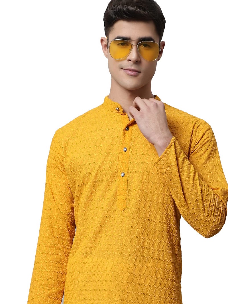 Jompers Men Mustard and Embroidered Kurta with Churidar (Mustard, M) - Image 1