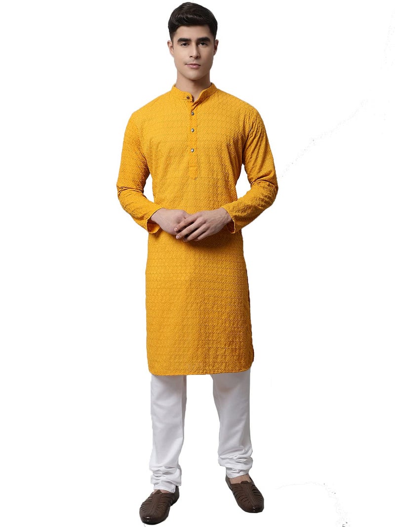 Jompers Men Mustard and Embroidered Kurta with Churidar (Mustard, M) - Image 3