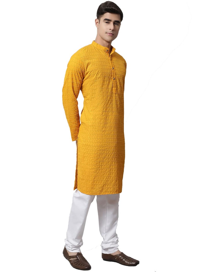 Jompers Men Mustard and Embroidered Kurta with Churidar (Mustard, M) - Image 4