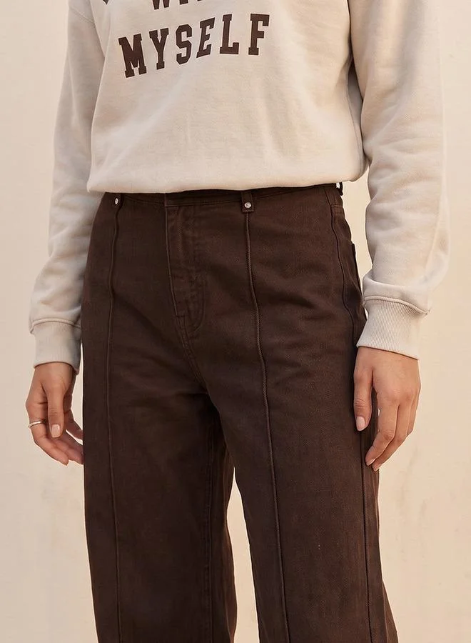 Splash FAV BROWN Denim Wide Leg Buttoned Waist Pants for Women | Best Price UAE