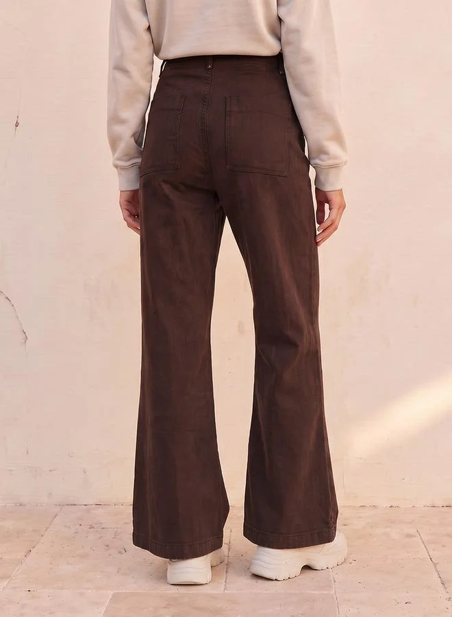 Splash FAV BROWN Denim Wide Leg Buttoned Waist Pants for Women | Best Price UAE