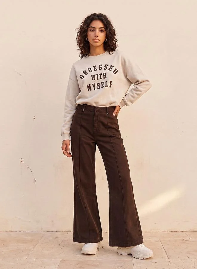 Splash FAV BROWN Denim Wide Leg Buttoned Waist Pants for Women | Best Price UAE