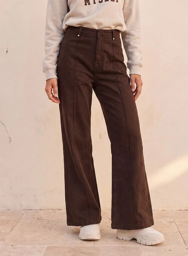 Denim Wide Leg Buttoned Waist Pants