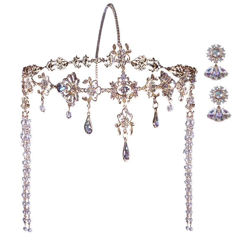 Vijiv 1920s Flapper Headpiece + Earrings Crystal Rhinestone Head Pieces Roaring 20s Great Gatsby Accessories Wedding Party - Image 1