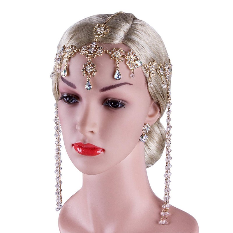Vijiv 1920s Flapper Headpiece + Earrings Crystal Rhinestone Head Pieces Roaring 20s Great Gatsby Accessories Wedding Party - Image 3