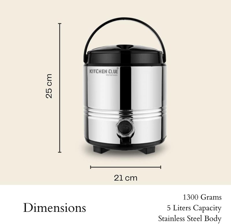 KITCHEN CLUE Aqua-5 Liter Stainless Steel Hot Tea/Coffee Containers For Winter Season I PUF Insulated Thermosteel Hot Water/Tea Flask With Leak-Proof Tap I Spill-Proof I Easy To Carry Handle, Silver - Image 4