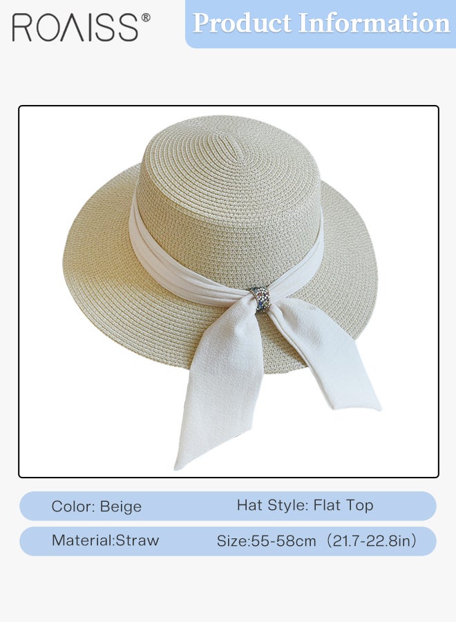roaiss Holiday Straw Beach Hat for Women Wide Brim Bow Ribbon Boater Hat Flat Top Classic Sun Hat for Summer Beige - Image 3