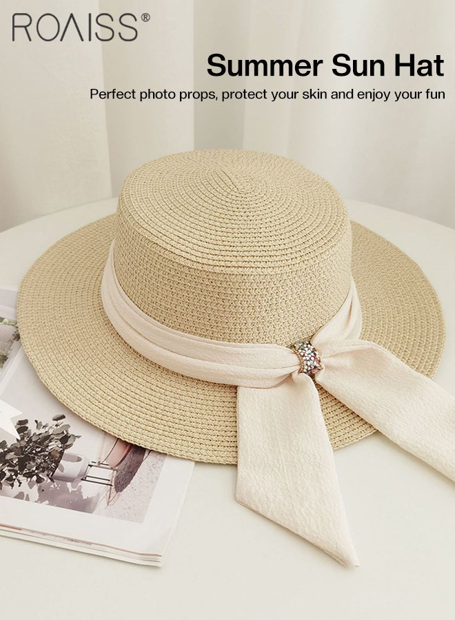 roaiss Holiday Straw Beach Hat for Women Wide Brim Bow Ribbon Boater Hat Flat Top Classic Sun Hat for Summer Beige - Image 4