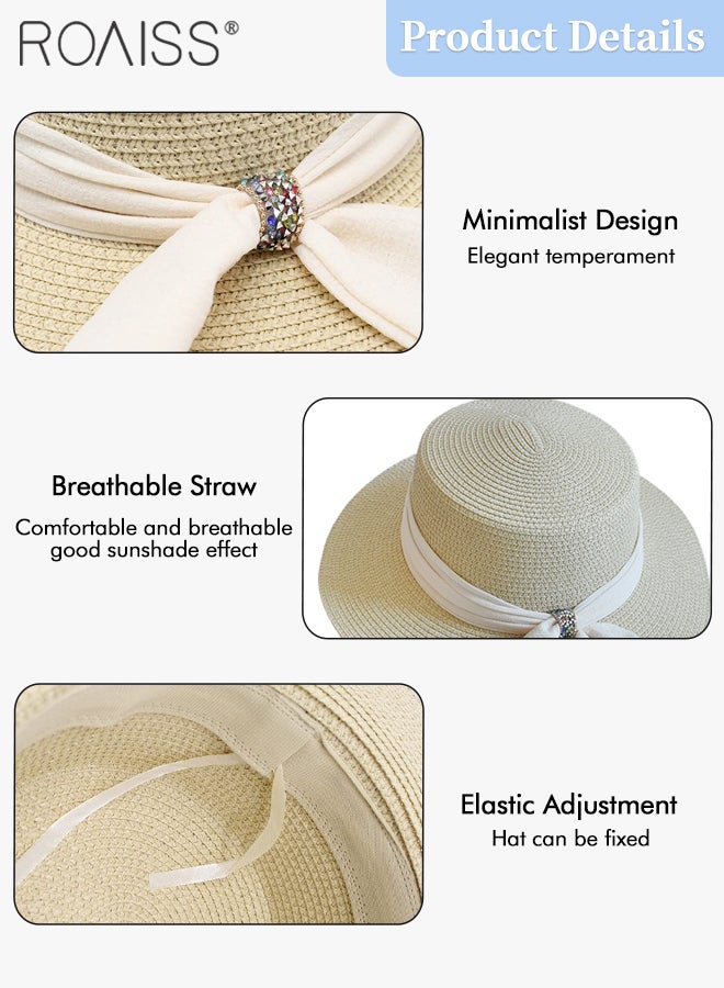 roaiss Holiday Straw Beach Hat for Women Wide Brim Bow Ribbon Boater Hat Flat Top Classic Sun Hat for Summer Beige - Image 5