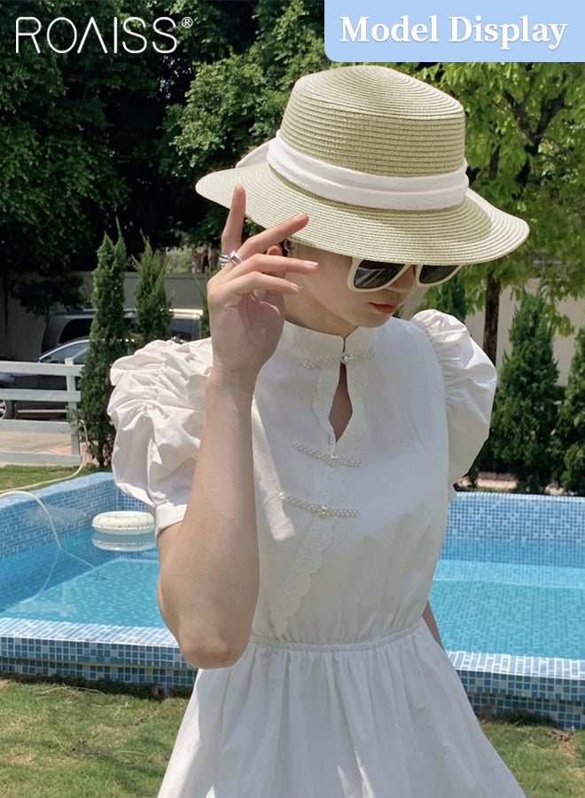 roaiss Holiday Straw Beach Hat for Women Wide Brim Bow Ribbon Boater Hat Flat Top Classic Sun Hat for Summer Beige - Image 2