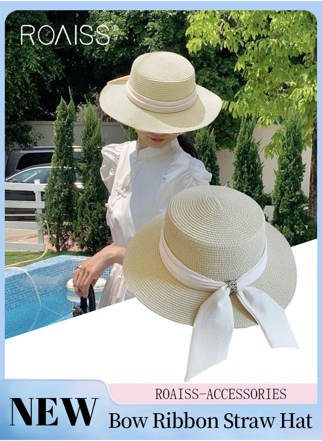 Holiday Straw Beach Hat for Women Wide Brim Bow Ribbon Boater Hat Flat Top Classic Sun Hat for Summer Beige - pzsku/ZA7CCB6E6C1C71215B3B6Z/45/_/1711443423/b536631a-49d7-4f96-9036-f13f866af2ec