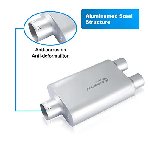 Floshine Universal Mufflers Performance Automotive Exhaust Aluminized Steel Muffler Dual Chamber 3" center inlet (ID) 2.5" dual outlet (ID) FH430402 - Image 2