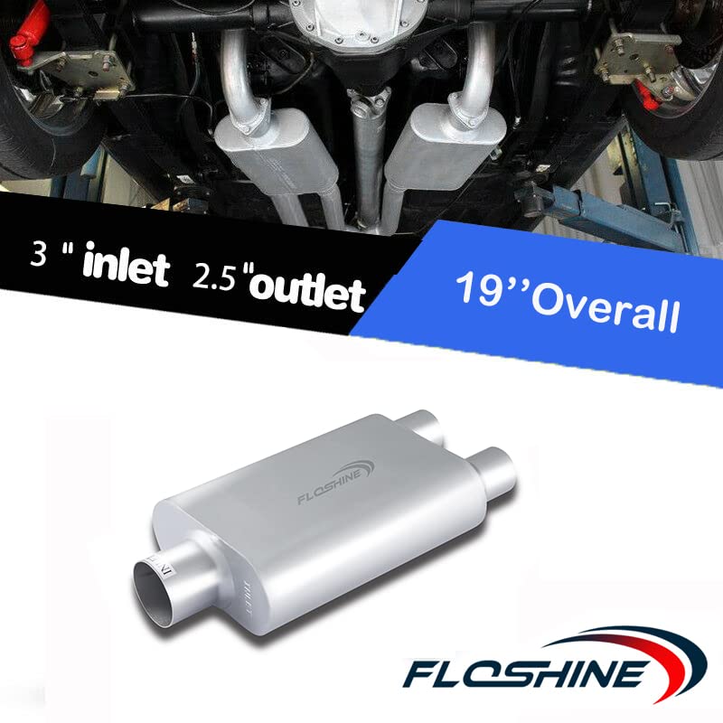 Floshine Universal Mufflers Performance Automotive Exhaust Aluminized Steel Muffler Dual Chamber 3" center inlet (ID) 2.5" dual outlet (ID) FH430402 - Image 3
