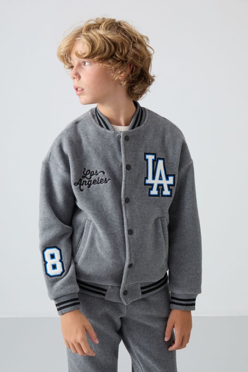 Tommy Life Gray Melange Thick Soft Texture Standard Fit Embroidered Fleece Boys College Jacket - 11227 - Image 1