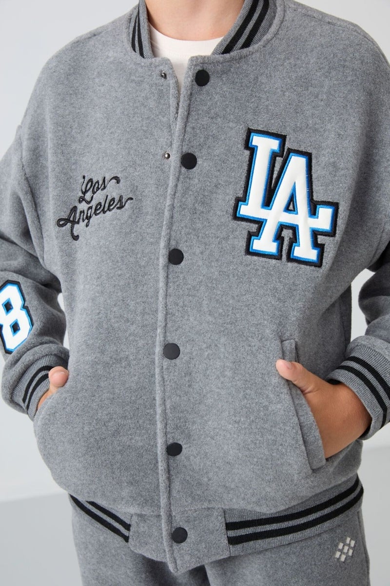Tommy Life Gray Melange Thick Soft Texture Standard Fit Embroidered Fleece Boys College Jacket - 11227 - Image 2